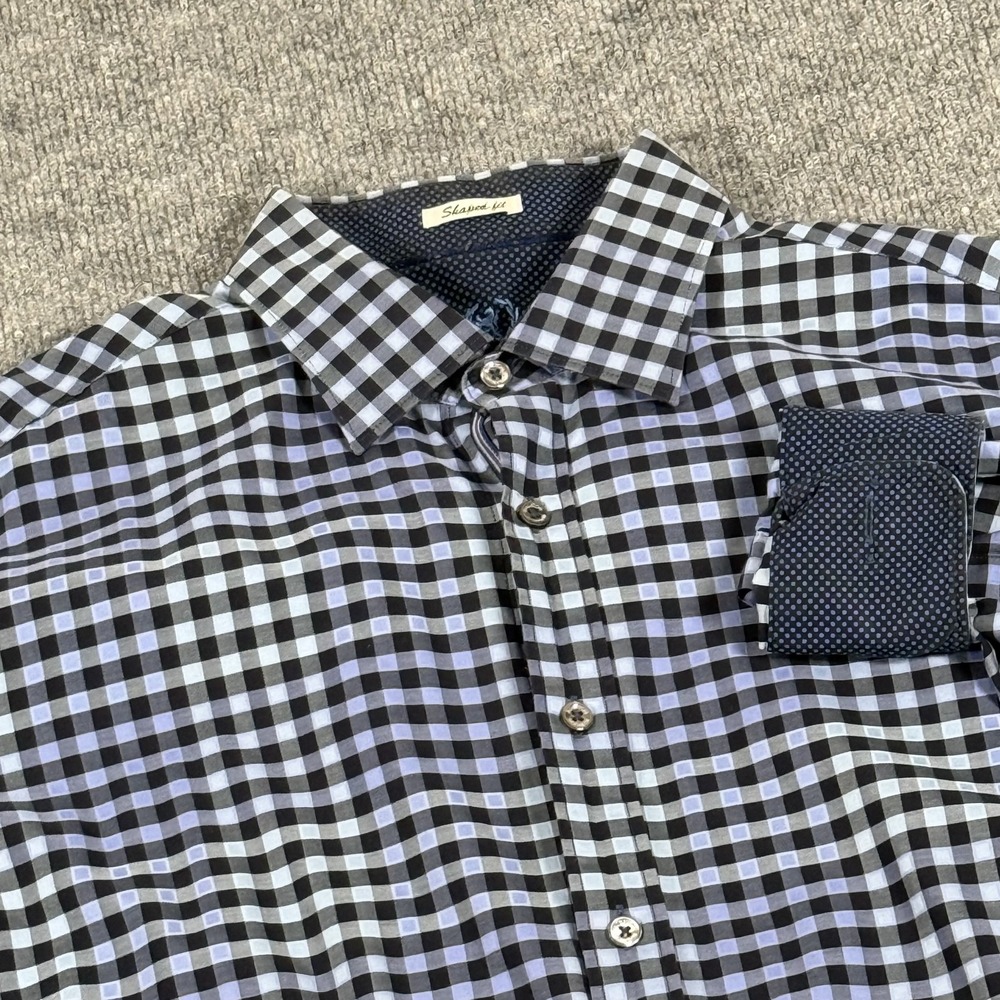 Bugatchi Shirt Mens Large Blue Black Checkered Long Sleeve Shaped Fit Cotton